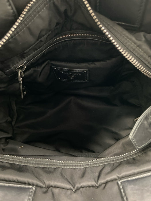 Prada Black Nylon Leather Detail Side Logo Zip Top Tote Bag Black