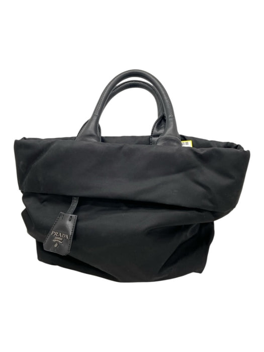 Prada Black Nylon Leather Detail Side Logo Zip Top Tote Bag Black