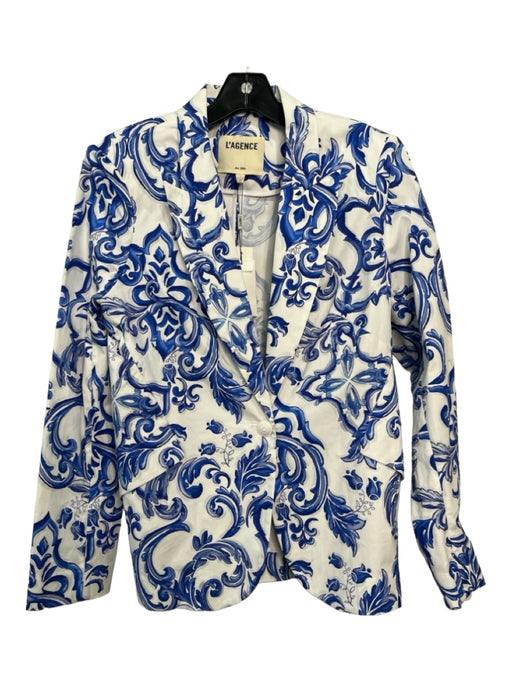 L'agence Size 8 Blue & White Cotton Long Sleeve Filigree One Button Jacket Blue & White / 8