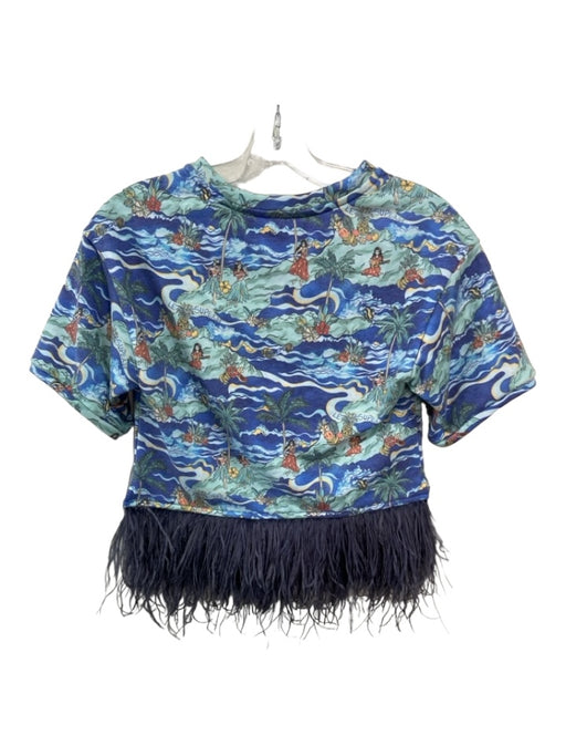 Le Superbe Size XS Blue & Aqua Print Polyester Ostrich Feathers Beach Scene Top Blue & Aqua Print / XS