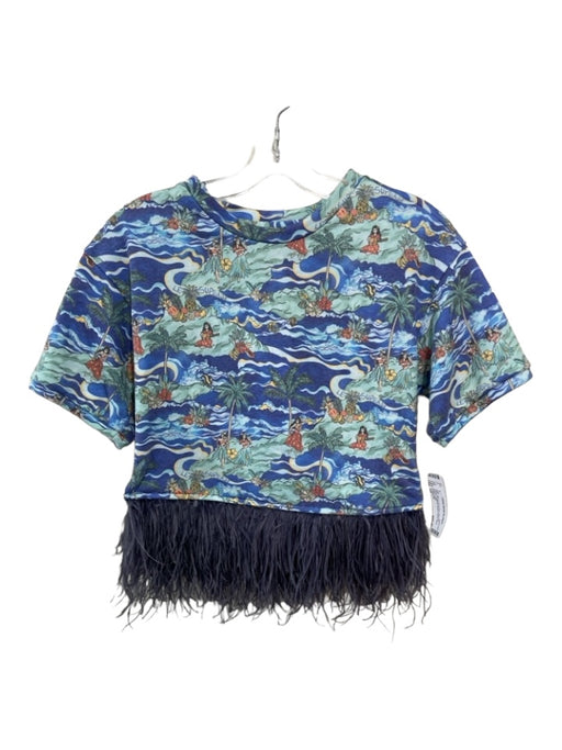 Le Superbe Size XS Blue & Aqua Print Polyester Ostrich Feathers Beach Scene Top Blue & Aqua Print / XS