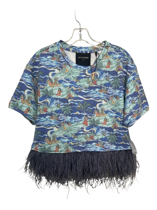 Le Superbe Size M Blue & Aqua Print Polyester Ostrich Feathers Beach Scene Top Blue & Aqua Print / M