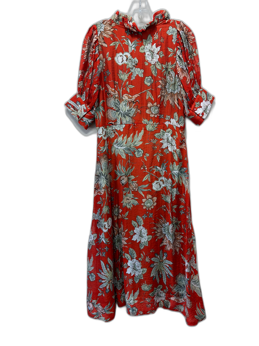 Buru Size S Red Orange & Green Cotton Floral Short Puff Sleeve Dress Red Orange & Green / S