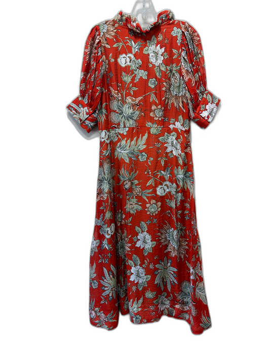 Buru Size S Red Orange & Green Cotton Floral Short Puff Sleeve Dress Red Orange & Green / S