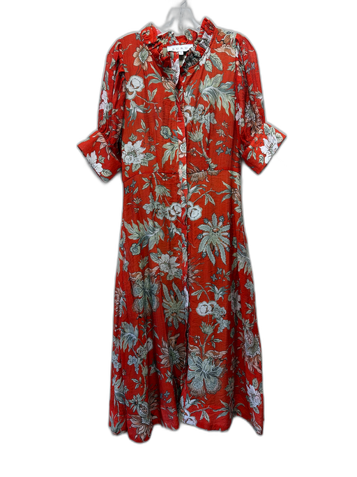 Buru Size S Red Orange & Green Cotton Floral Short Puff Sleeve Dress Red Orange & Green / S