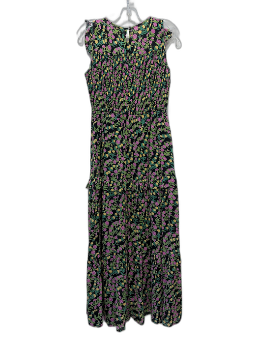 Banjanan Size S Pink, Green, Yellow, Black Cotton Round Neck Floral Maxi Dress Pink, Green, Yellow, Black / S