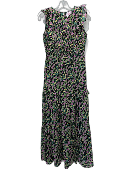 Banjanan Size S Pink, Green, Yellow, Black Cotton Round Neck Floral Maxi Dress Pink, Green, Yellow, Black / S