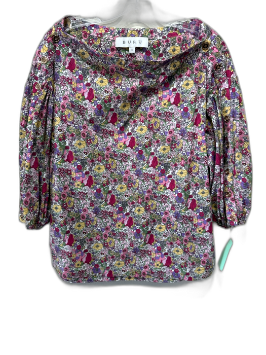 Buru Size S Pink, Green, Yellow Cotton Floral Boat Neck 3/4 Sleeve Skirt Set Pink, Green, Yellow / S