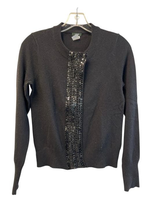 J Crew Size XS Black Wool Blend Crew Neck Hidden Front Zip Sequin Design Sweater Black / XS