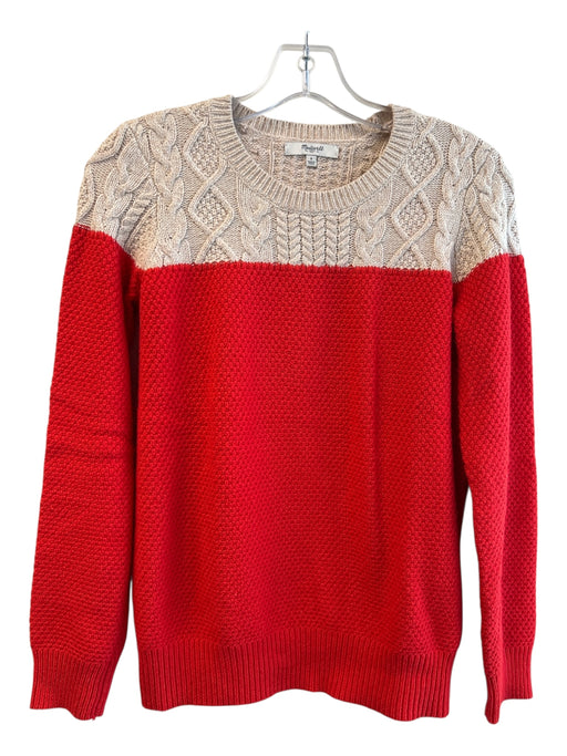 Madewell Size Small Red & Tan Cotton Blend Color Block Cable Knit Sweater Red & Tan / Small