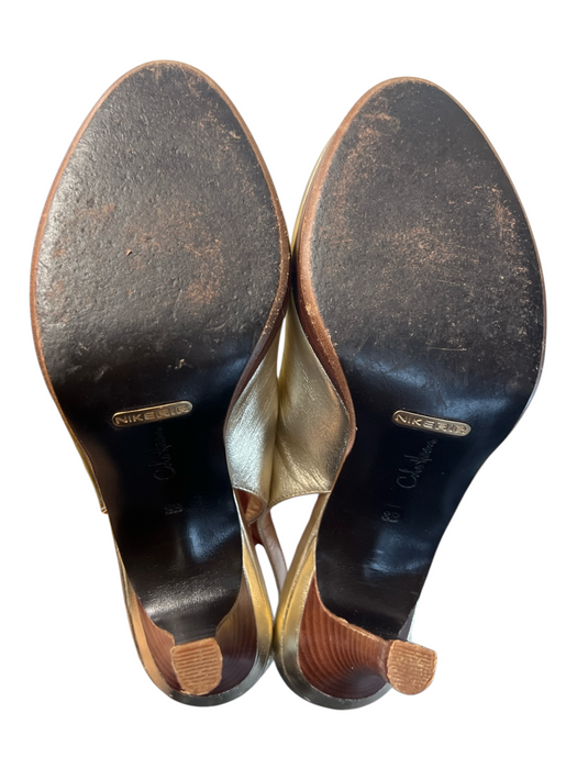 Cole Haan Shoe Size 8 Gold Lame Leather Slingbacks Mid Heel Peep Toe Shoes Gold Lame / 8