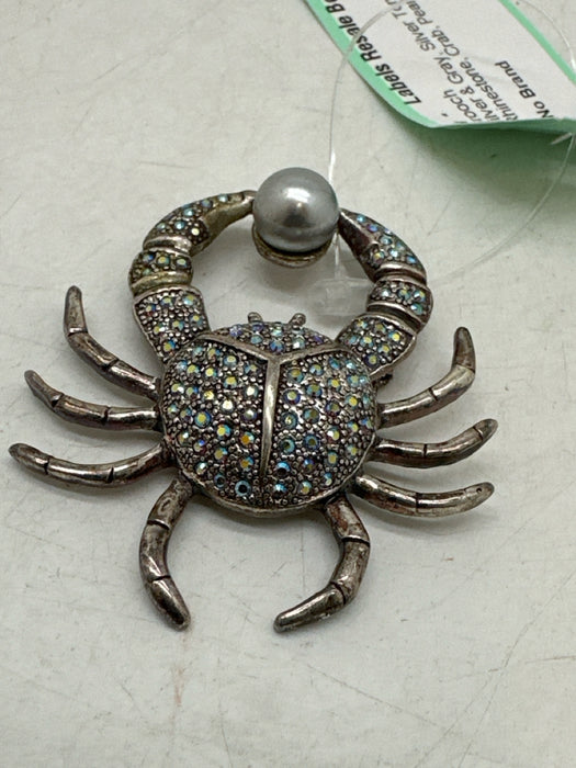 No Brand Silver & Gray Silver Tone Metal Rhinestone Crab Pearl Brooch