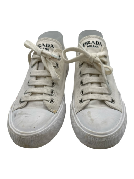 Prada Shoe Size 38.5 White Canvas round toe lace up Rubber Sole Low Top Sneakers White / 38.5