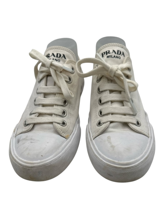 Prada Shoe Size 38.5 White Canvas round toe lace up Rubber Sole Low Top Sneakers White / 38.5