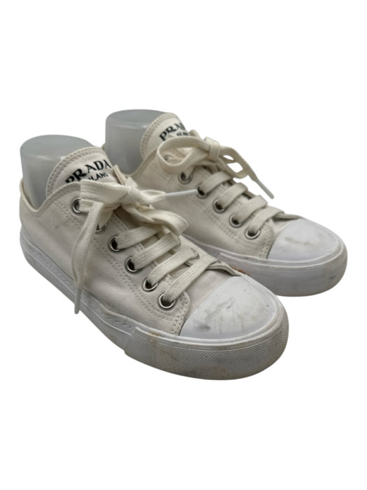Prada Shoe Size 38.5 White Canvas round toe lace up Rubber Sole Low Top Sneakers White / 38.5