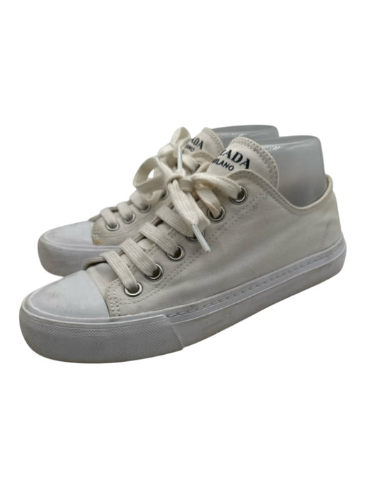 Prada Shoe Size 38.5 White Canvas round toe lace up Rubber Sole Low Top Sneakers White / 38.5