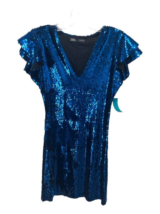 Zara Size M Blue & Black Polyester All Over Sequins V Neck Cap Sleeve Mini Dress Blue & Black / M