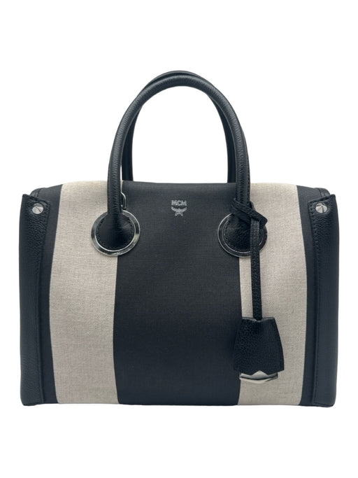 MCM Black & White Leather & Canvas Handbag Striped silver hardware Bag Black & White / S