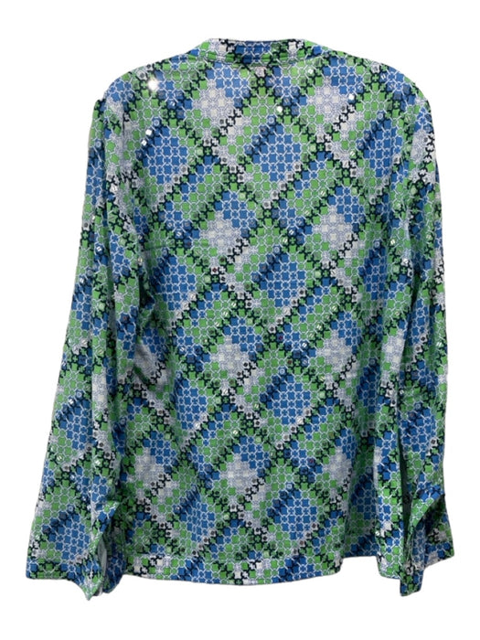 Tory Burch Size 8 White blue & green round split neck Printed Long Sleeve Top White blue & green / 8