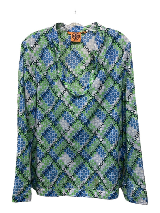 Tory Burch Size 8 White blue & green round split neck Printed Long Sleeve Top White blue & green / 8