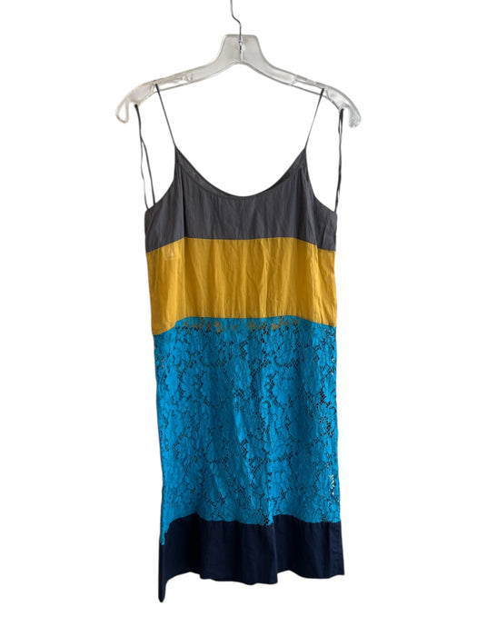 Prada Size 38 Gray, Blue & Gold Cotton Color Block Side Zip Lace Section Dress Gray, Blue & Gold / 38