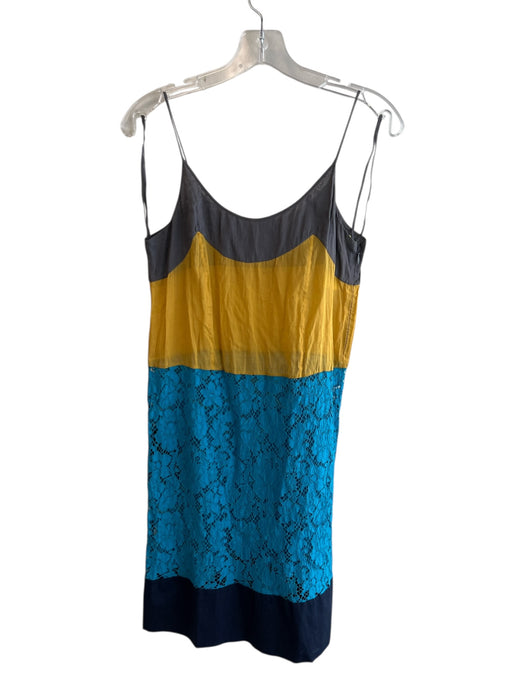 Prada Size 38 Gray, Blue & Gold Cotton Color Block Side Zip Lace Section Dress Gray, Blue & Gold / 38