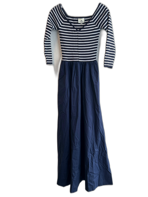 Tuckernuck Size XS Navy & white Cotton Ribbed Bodice V Neck Long Sleeve Dress Navy & white / XS
