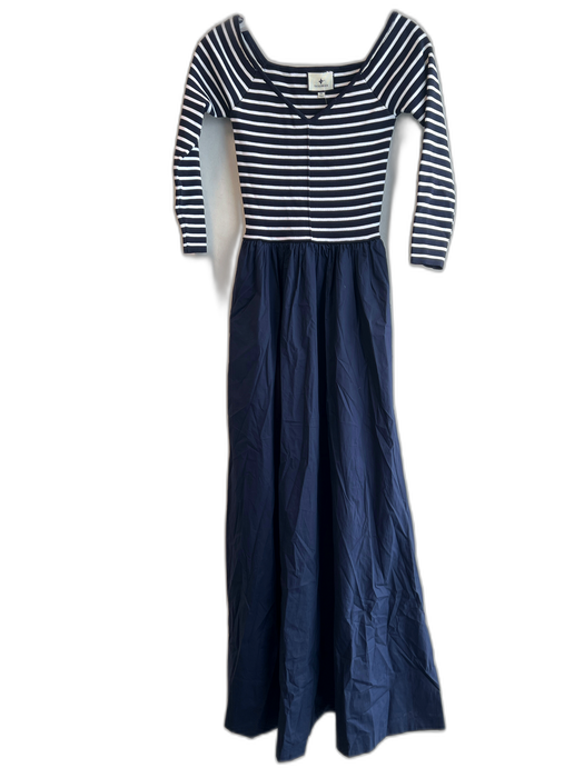 Tuckernuck Size XS Navy & white Cotton Ribbed Bodice V Neck Long Sleeve Dress Navy & white / XS
