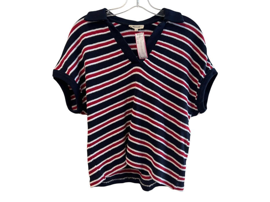 Madewell Size XXS Navy & Red Cotton Collared V Neck Cap Sleeve Stripes Top Navy & Red / XXS