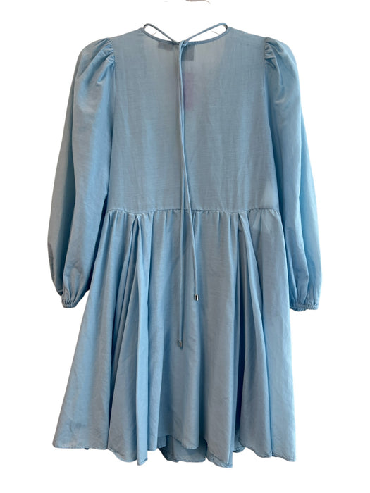Pinko Size 40 Blue Cotton Blend Tie V Neck Long Puff Sleeve Empire Waist Dress Blue / 40