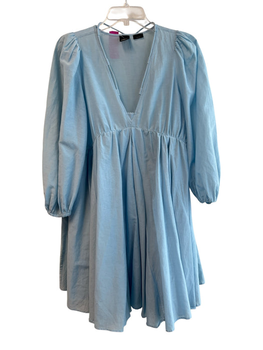 Pinko Size 40 Blue Cotton Blend Tie V Neck Long Puff Sleeve Empire Waist Dress Blue / 40