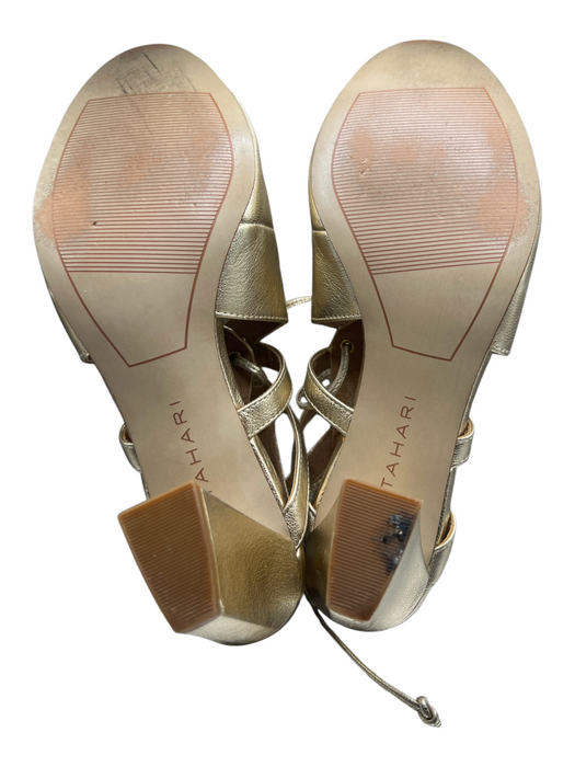 Tahari Shoe Size 7.5 Gold Leather open toe Strappy Tie Block heel Shoes Gold / 7.5