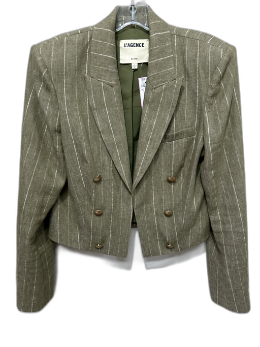 L'agence Size 8 Olive Green Linen Blend Metallic Thread Pinstripe Crop Jacket Olive Green / 8