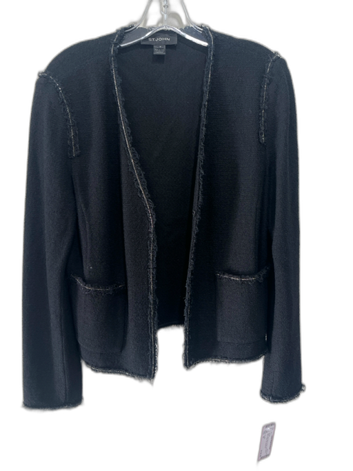 St John Size 10 Black Wool Blend Chain Trim Hook & Eye Fringe Trim Jacket Black / 10