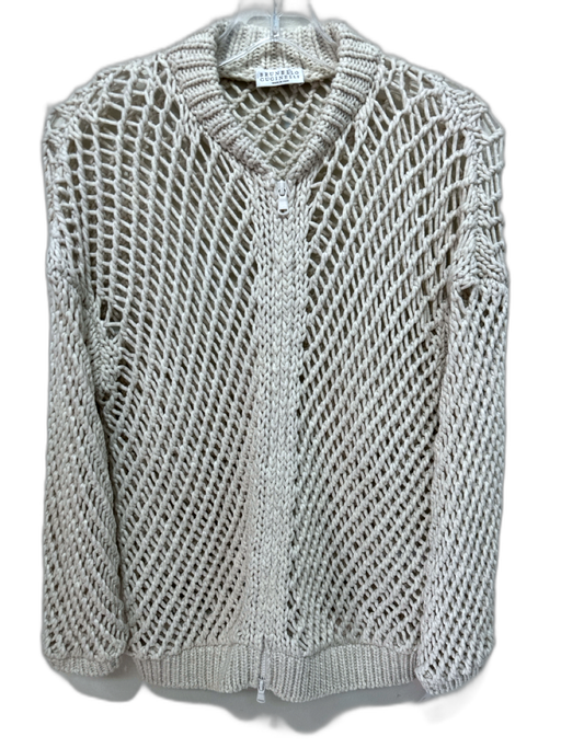Brunello Cucinelli Size L Cream Cotton Blend Crochet Knit 3/4 Sleeve Cardigan Cream / L