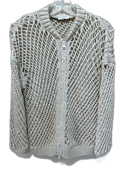 Brunello Cucinelli Size L Cream Cotton Blend Crochet Knit 3/4 Sleeve Cardigan Cream / L