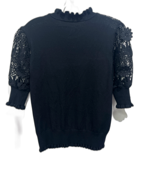 Elie Tahari Size M Black Viscose Blend Floral Lace High Neck Ruffle Trim Sweater Black / M