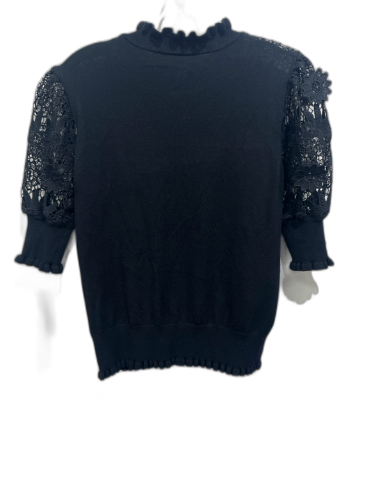 Elie Tahari Size M Black Viscose Blend Floral Lace High Neck Ruffle Trim Sweater Black / M
