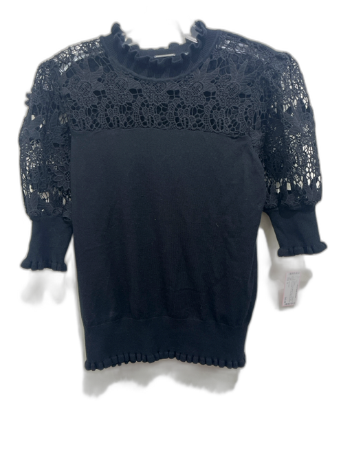 Elie Tahari Size M Black Viscose Blend Floral Lace High Neck Ruffle Trim Sweater Black / M