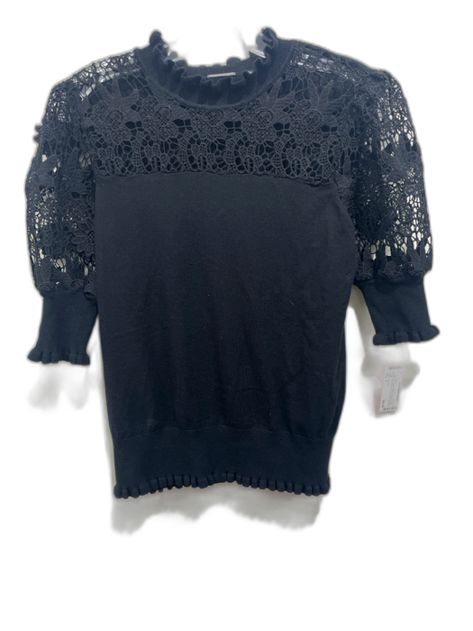Elie Tahari Size M Black Viscose Blend Floral Lace High Neck Ruffle Trim Sweater Black / M