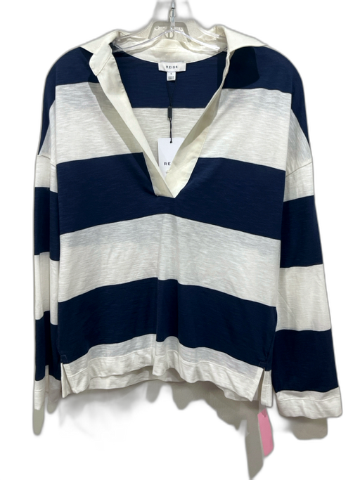 Reiss Size S Navy Blue & White Cotton Stripe Collared Long Sleeve Top Navy Blue & White / S
