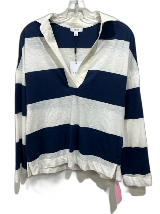 Reiss Size S Navy Blue & White Cotton Stripe Collared Long Sleeve Top Navy Blue & White / S