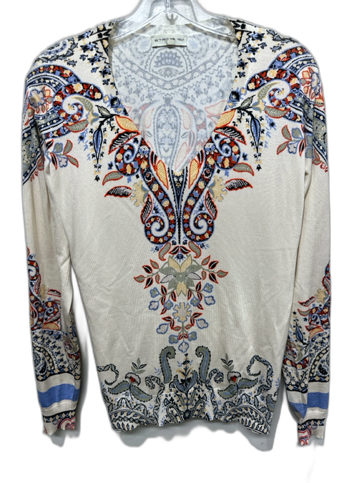 Etro Size 46 cream, black, multi Silk & Cashmere Abstract Leaves V Neck Sweater cream, black, multi / 46