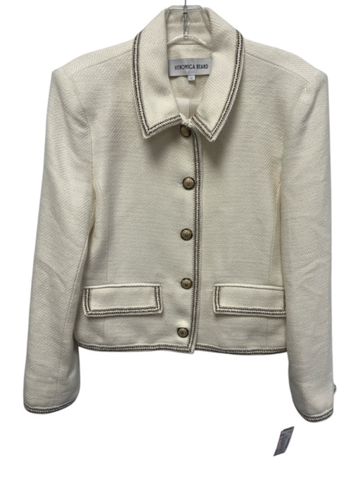 Veronica Beard Size 12 Cream & Brown Cotton & Acrylic Flap Pocket Collar Jacket Cream & Brown / 12