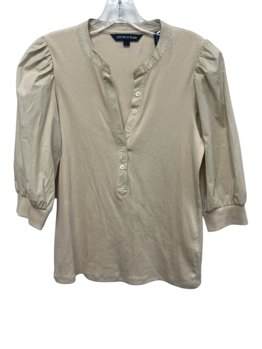 Veronica Beard Size L Cream Beige Pima Cotton Puff 1/2 Sleeve Rib Knit Top Cream Beige / L