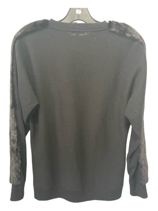 Lafayette 148 Size Small Black Cashmere Mink trim Knit Crew Neck Sweater Black / Small