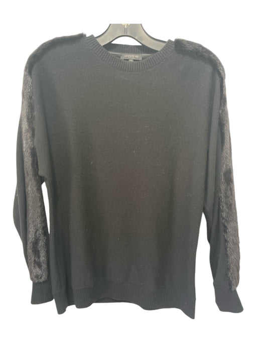 Lafayette 148 Size Small Black Cashmere Mink trim Knit Crew Neck Sweater Black / Small