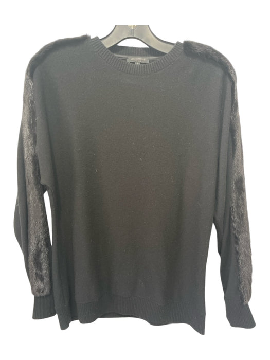 Lafayette 148 Size Small Black Cashmere Mink trim Knit Crew Neck Sweater Black / Small