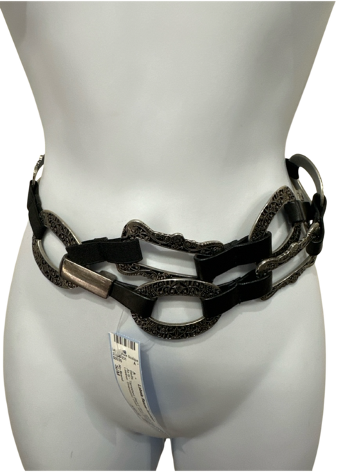No Brand Black & Silver Metal & Leather Embossed Chain Hook Closure Belts Black & Silver / S/M