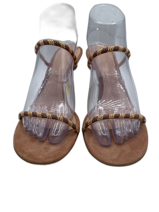Gianvito Rossi Shoe Size 39 Brown & Gold Leather Toe Strap Beaded Low Heel Pumps Brown & Gold / 39